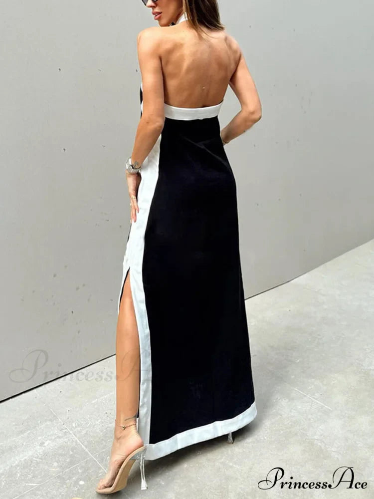 Color Block Halter Charming Neck Slit Maxi Dress