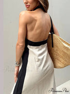 Color Block Halter Charming Neck Slit Maxi Dress
