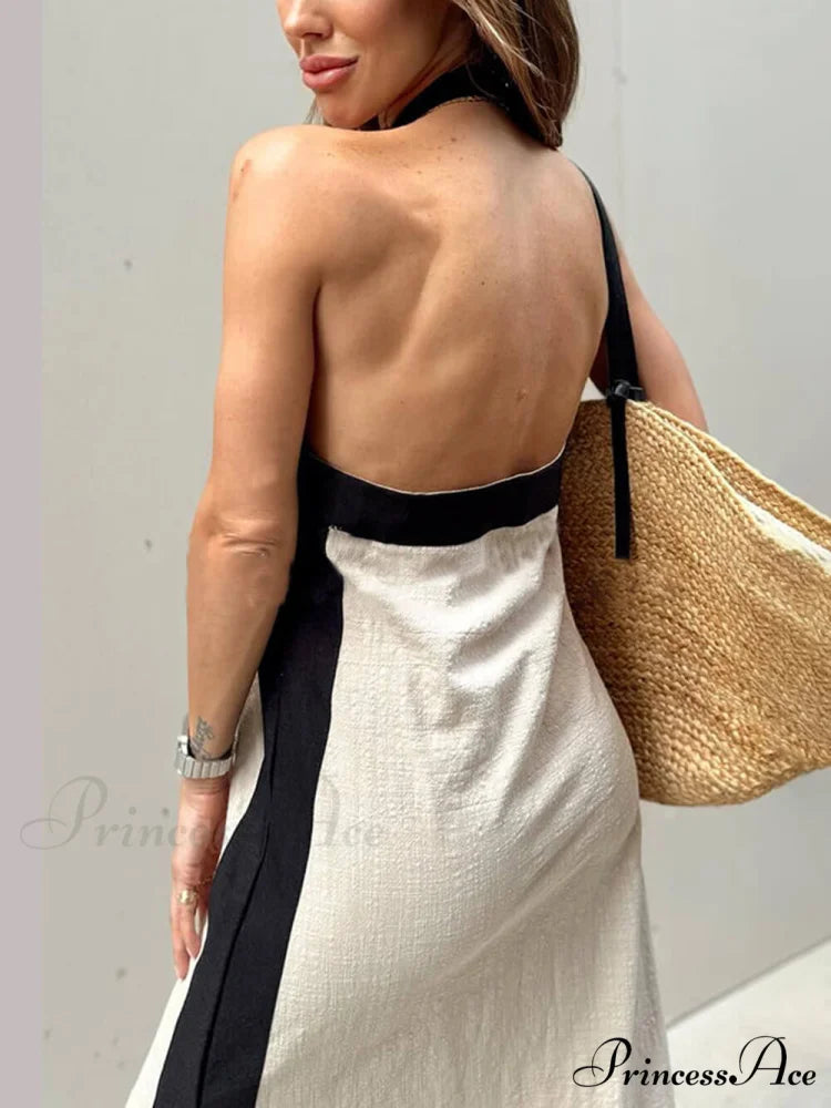 Color Block Halter Charming Neck Slit Maxi Dress