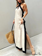Color Block Halter Charming Neck Slit Maxi Dress