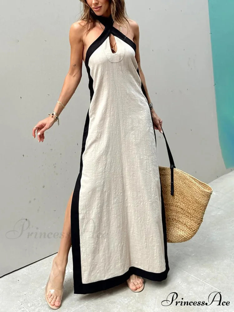Color Block Halter Charming Neck Slit Maxi Dress