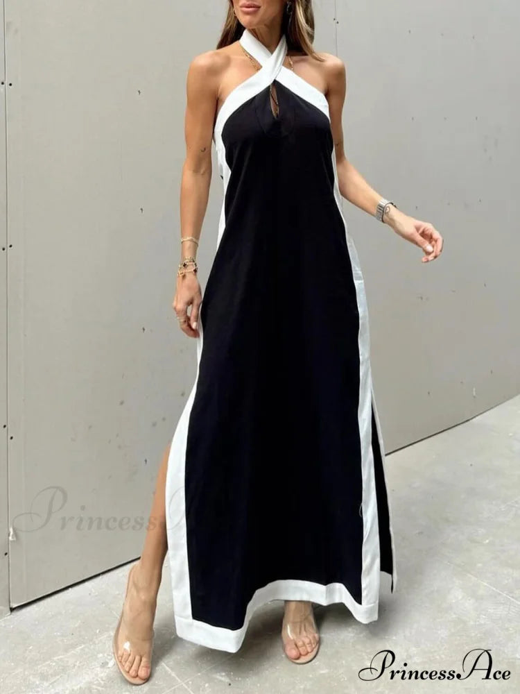 Color Block Halter Charming Neck Slit Maxi Dress