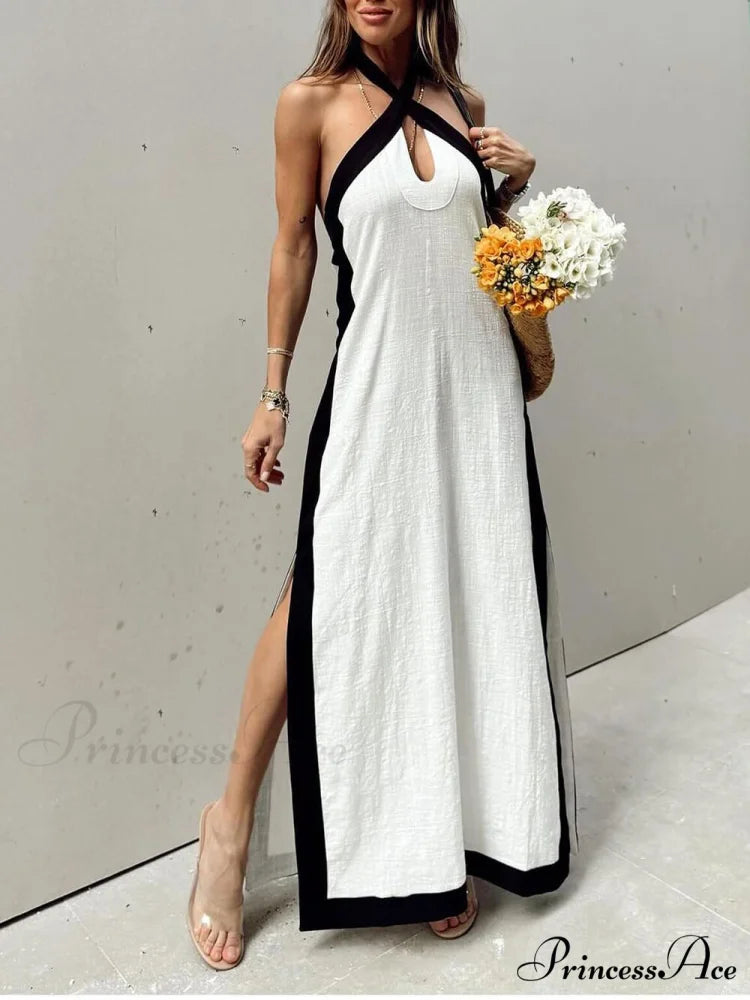 Color Block Halter Charming Neck Slit Maxi Dress