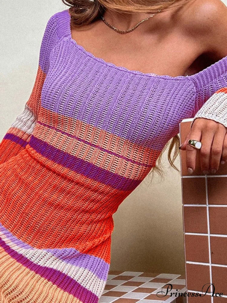 Color Block Stripe Knitted Modern Halter Crop Cami Top