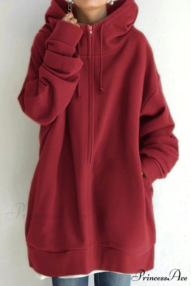Color Hoodie Zipper Solid - Mid-length