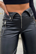 Color Leather Zipper with Solid Straight Pants Front