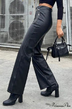 Color Leather Zipper with Solid Straight Pants Front