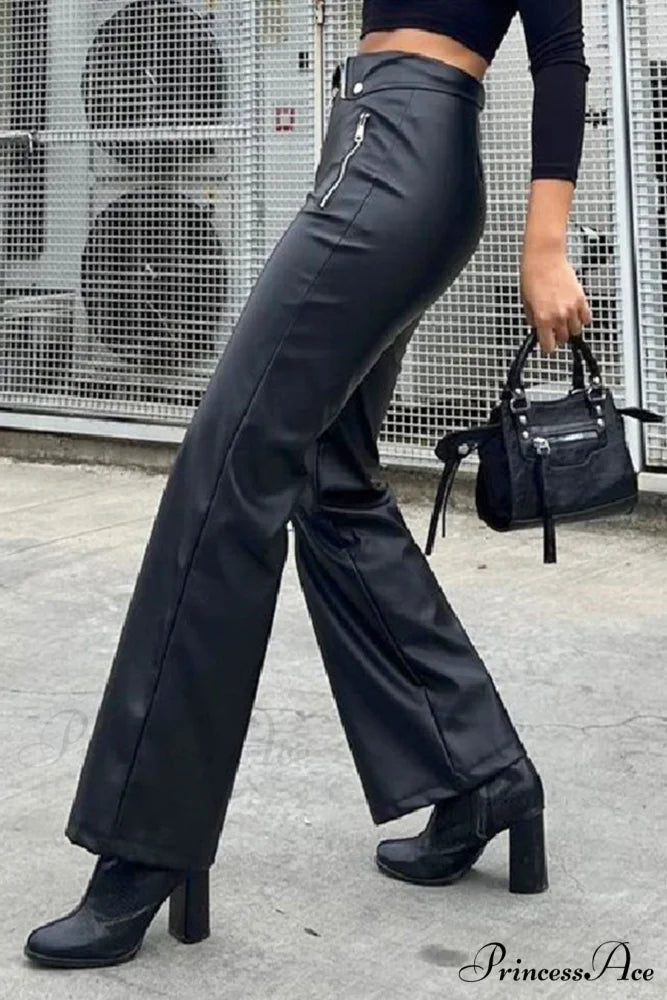 Color Leather Zipper with Solid Straight Pants Front