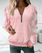Color Plaid Block Zipper Sweatshirt