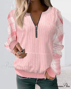 Color Plaid Block Zipper Sweatshirt