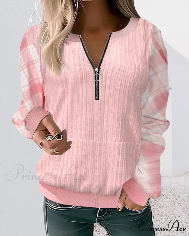 Color Plaid Block Zipper Sweatshirt