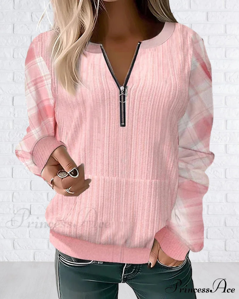 Color Plaid Block Zipper Sweatshirt
