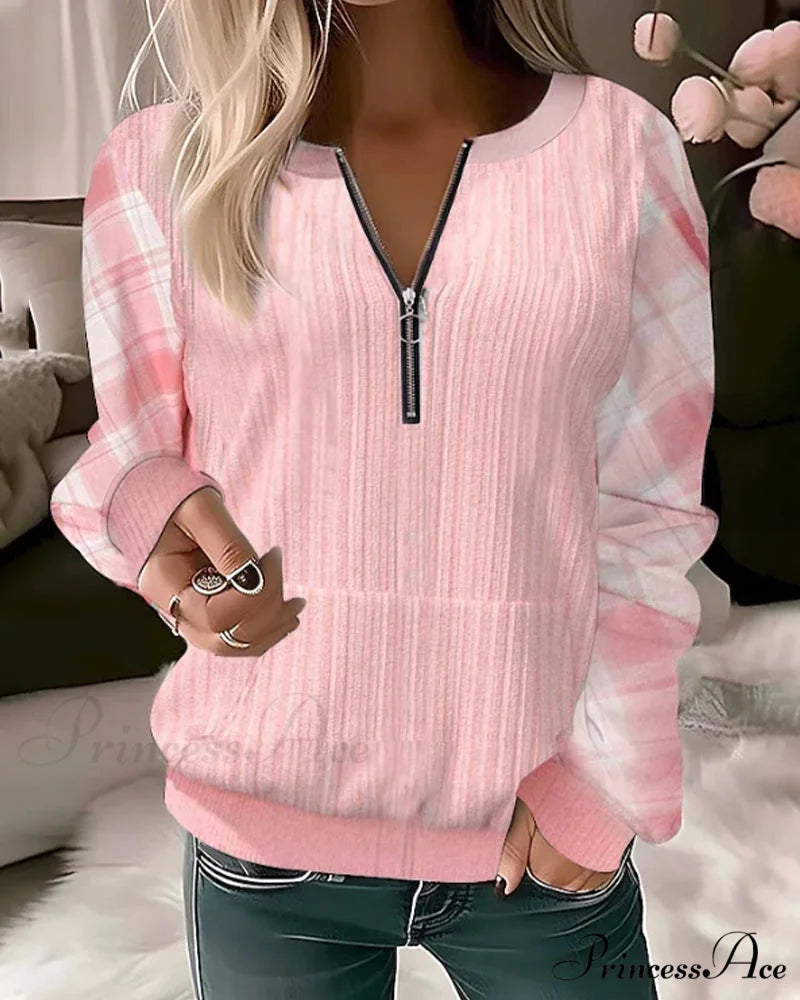 Color Plaid Block Zipper Sweatshirt