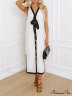 Colorblock Elegant Bow and Graceful Button Loose Midi Dress