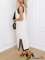 Colorblock Elegant Bow and Graceful Button Loose Midi Dress