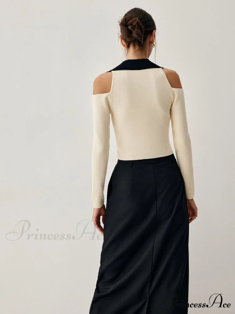 Colorblock Open Collar Cutout Modern Crop Long Sleeve Top