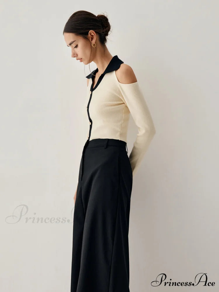 Colorblock Open Collar Cutout Modern Crop Long Sleeve Top