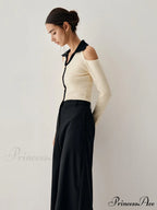 Colorblock Open Collar Cutout Modern Crop Long Sleeve Top