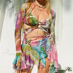 Colorful Dye Pattern Open Back Bandage Halter Two Piece Set
