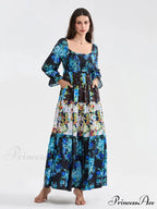 Colorful Floral Bohemian Off-Shoulder Puff Sleeve Frilly Vacation Beach Dress