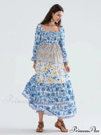 Colorful Floral Bohemian Off-Shoulder Puff Sleeve Frilly Vacation Beach Dress