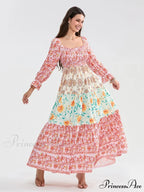 Colorful Floral Bohemian Off-Shoulder Puff Sleeve Frilly Vacation Beach Dress