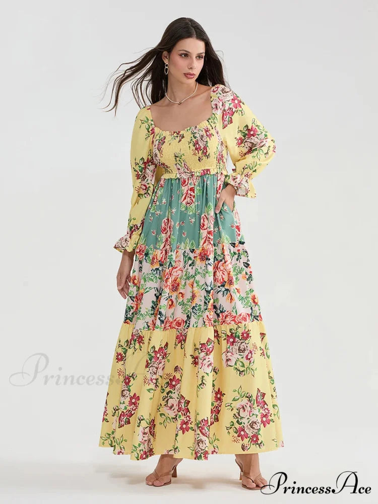 Colorful Floral Bohemian Off-Shoulder Puff Sleeve Frilly Vacation Beach Dress