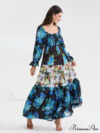 Colorful Floral Bohemian Off-Shoulder Puff Sleeve Frilly Vacation Beach Dress