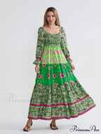 Colorful Floral Bohemian Off-Shoulder Puff Sleeve Frilly Vacation Beach Dress