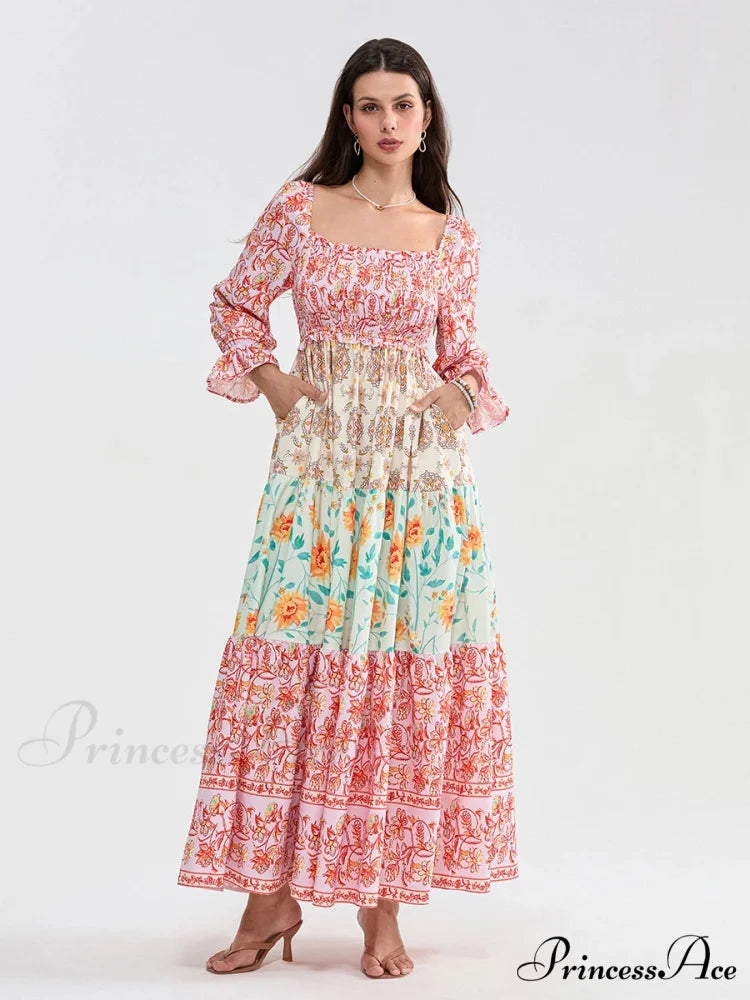 Colorful Floral Bohemian Off-Shoulder Puff Sleeve Frilly Vacation Beach Dress