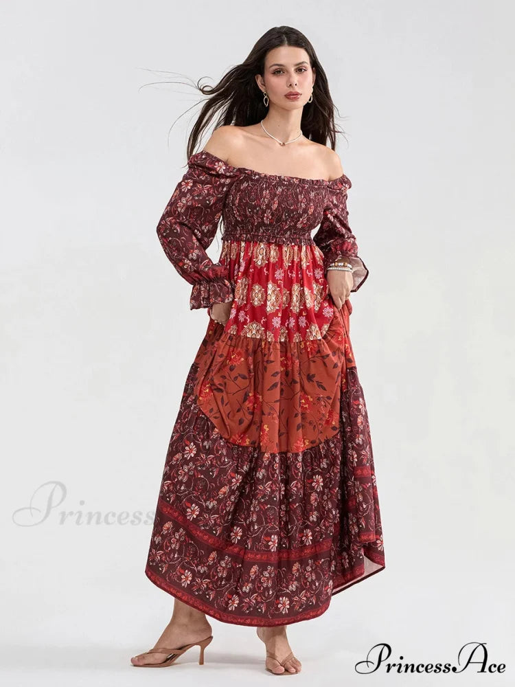 Colorful Floral Bohemian Off-Shoulder Puff Sleeve Frilly Vacation Beach Dress