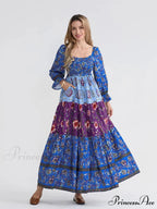 Colorful Floral Bohemian Off-Shoulder Puff Sleeve Frilly Vacation Beach Dress