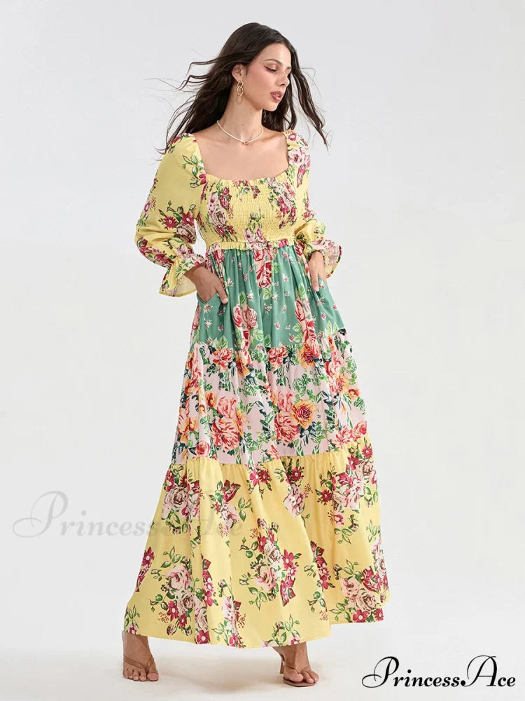 Colorful Floral Bohemian Off-Shoulder Puff Sleeve Frilly Vacation Beach Dress
