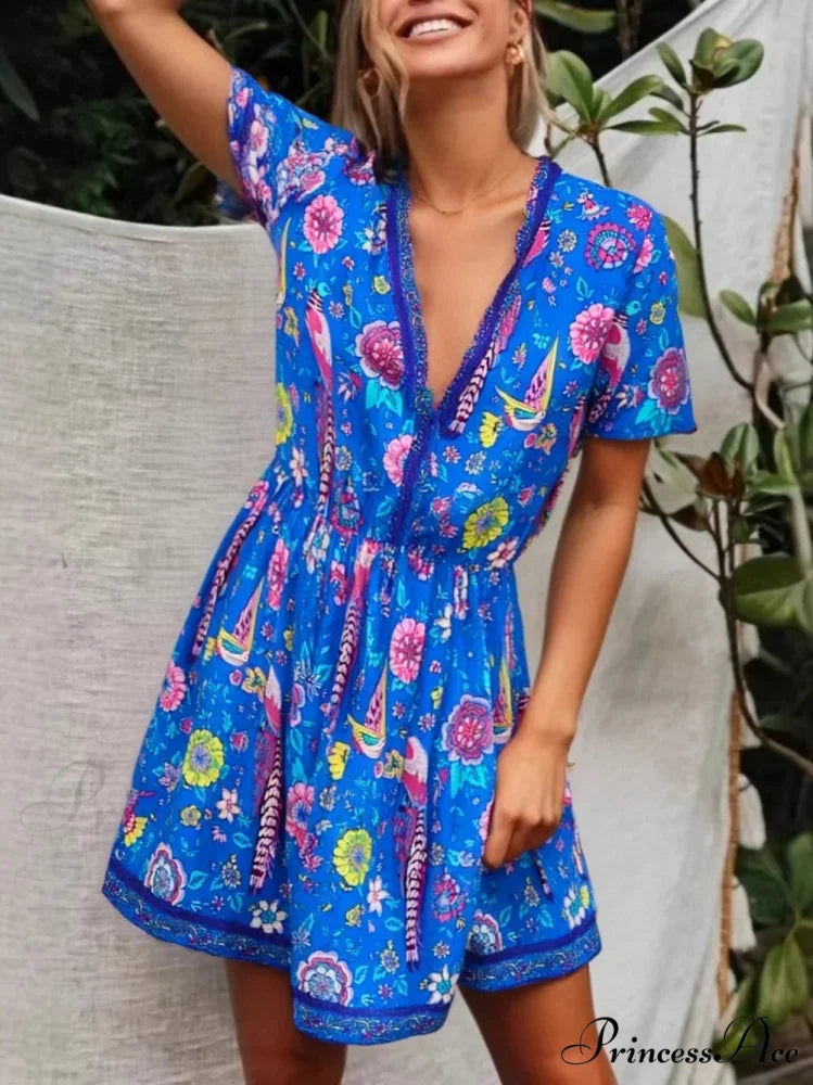 Colorful Flower Deep Plunge Bohemian Dress