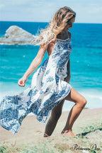 Colorful Flower Pattern Sleeveless Seaside Free-Spirited Maxi Boho Dress