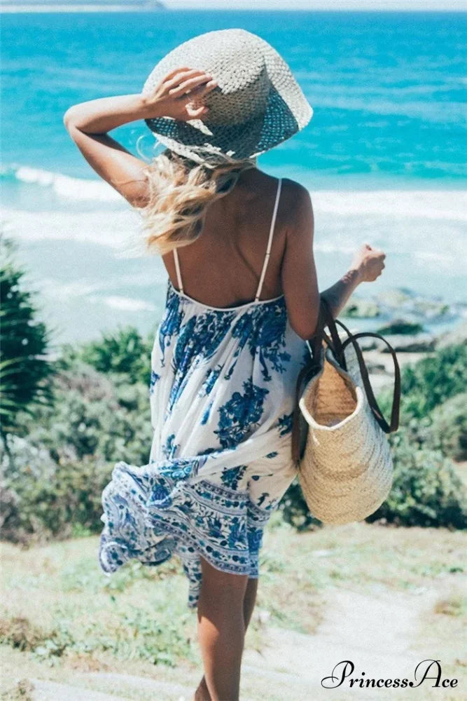 Colorful Flower Pattern Sleeveless Seaside Free-Spirited Maxi Boho Dress