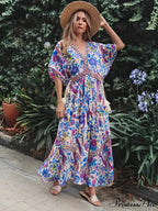 Colorful Flower Pattern V-neck Fringe Rayon Holiday Bohemian Dress