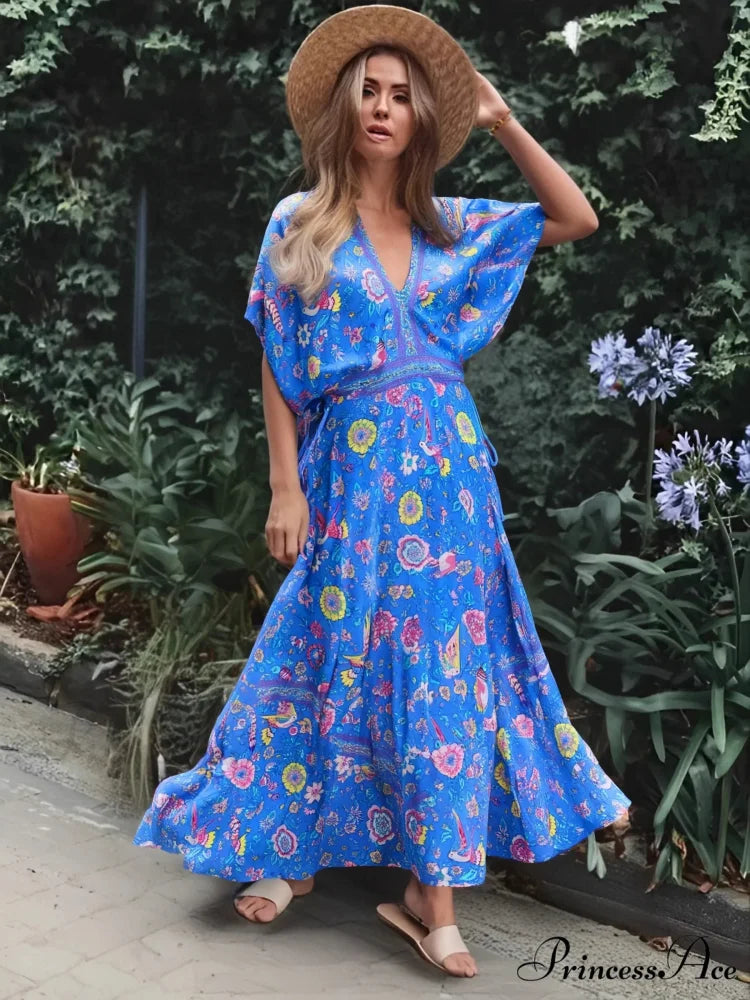 Colorful Flower Pattern V-neck Fringe Rayon Holiday Bohemian Dress