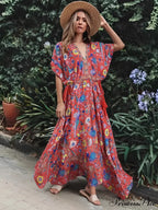 Colorful Flower Pattern V-neck Fringe Rayon Holiday Bohemian Dress