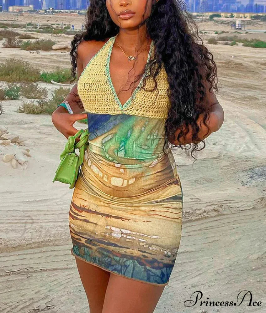 Colorful Lace-Up Halter Short Dress