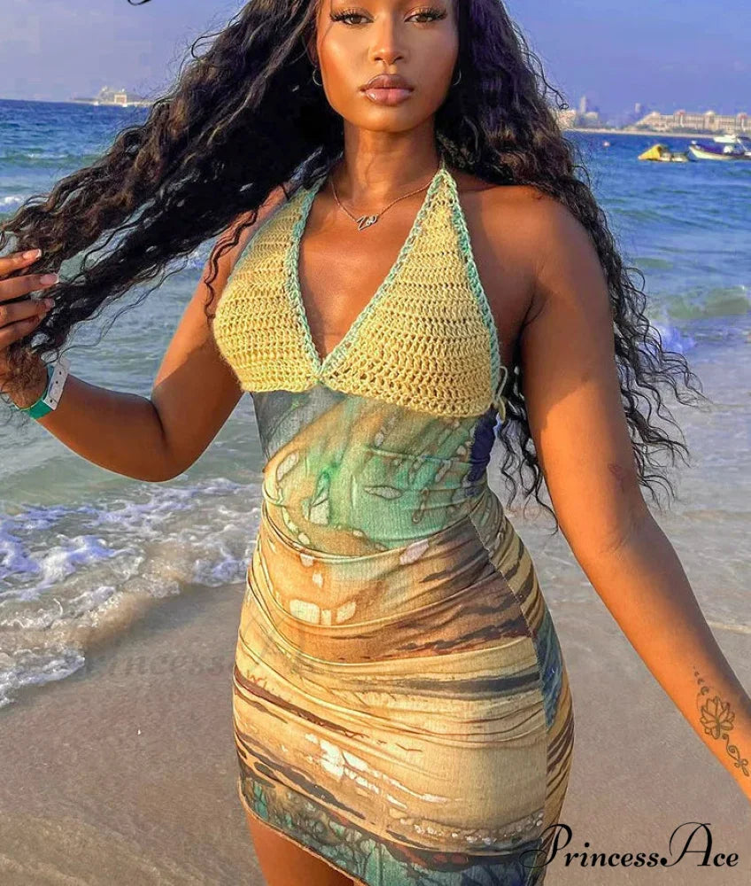 Colorful Lace-Up Halter Short Dress