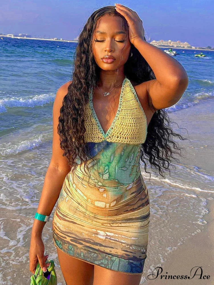 Colorful Lace-Up Halter Short Dress