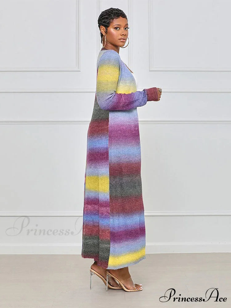 Colorful Panel Cut Out Modern Knit Midi Dress - Stripe