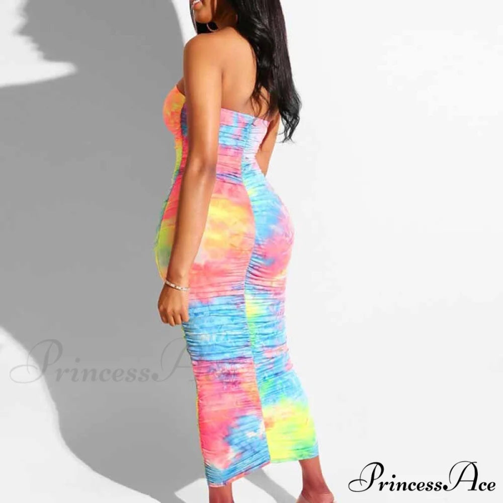 Colorful Pleated Long Sleeveless Strapless Dress