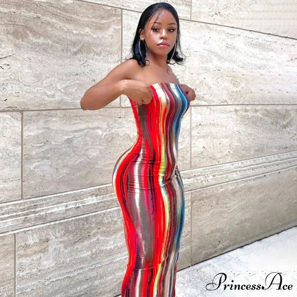 Colorful Strapless Maxi Bodycon Dress