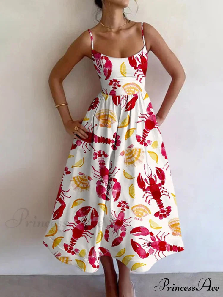 Colorful Unique Printed Sexy Graceful Suspender Slim Midi Dress