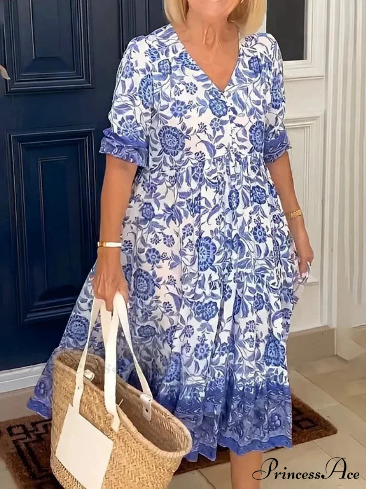 Colorful V-neck Flower Dress Extra Large Flowy Summer Dress