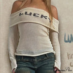 Comfortable Off Shoulder Knitted Jumper Laid-back Long Sleeve Jumpers Women