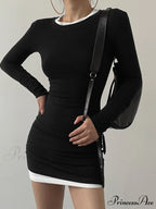 Contrast Binding Bodycon Long Modern Sleeve Knit Mini Dress