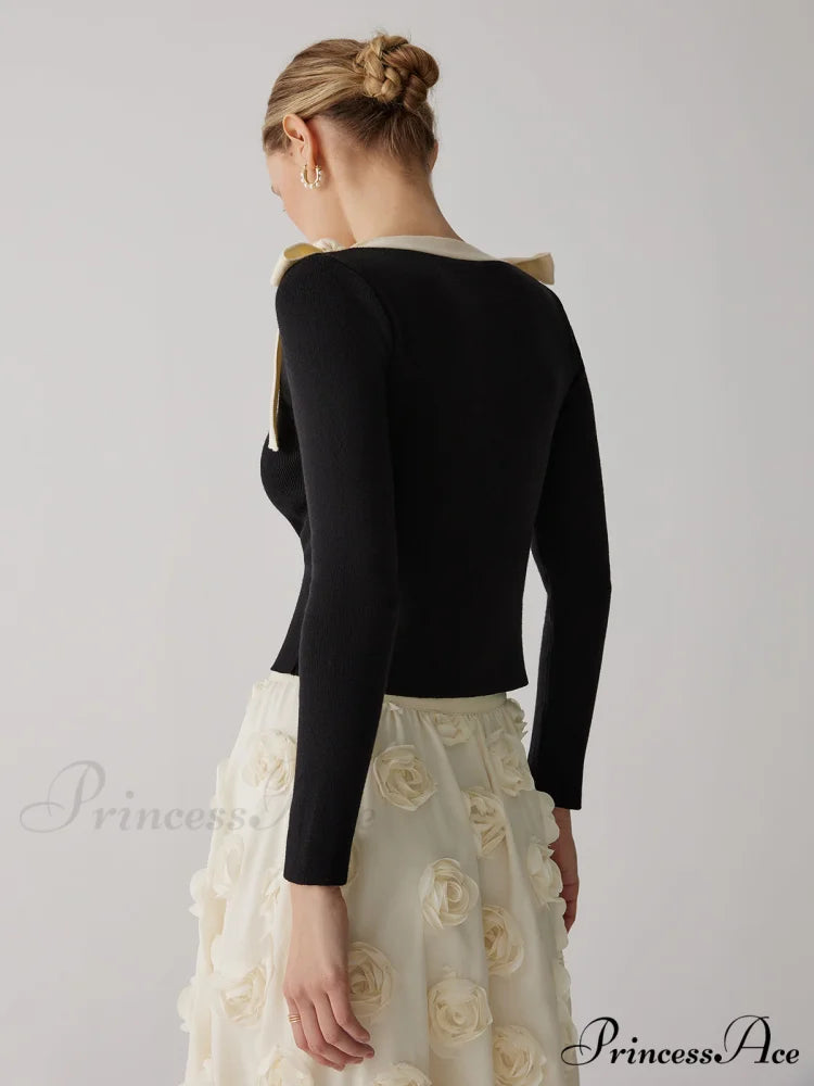 Contrast Bow Crew Trendy Neck Knit Top